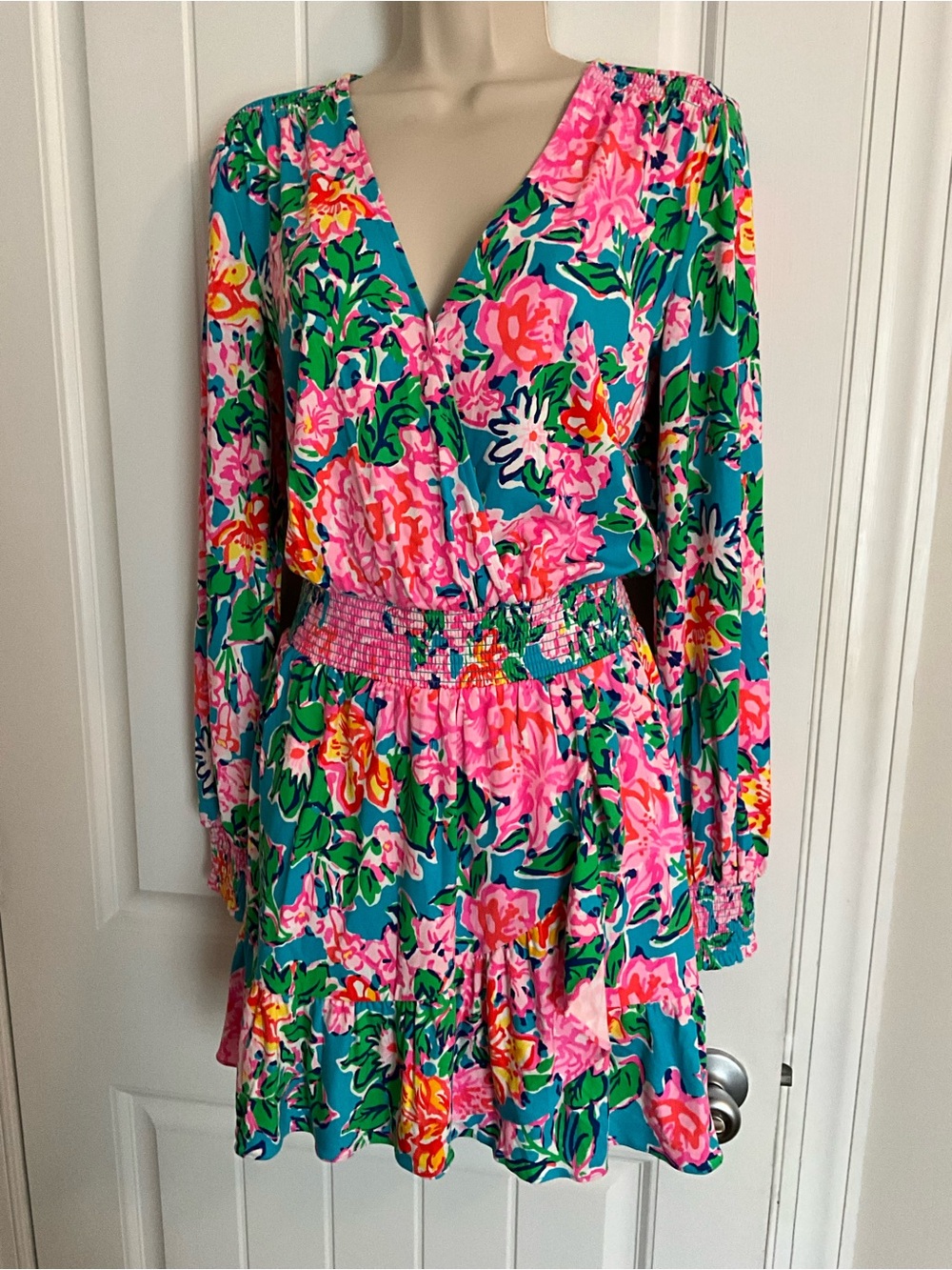 Lilly Pulitzer Teal Dress with Pink & Green Floral Print, Long Sleeve size small